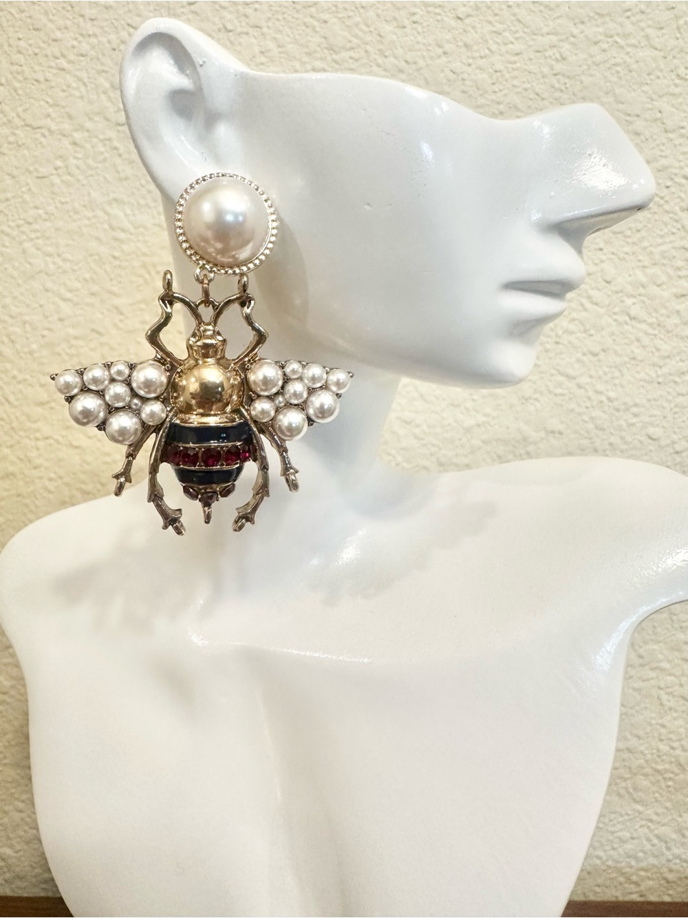 Gold Pearl Bee Statement Earrings w/ Blue Enamel and Red Crystals